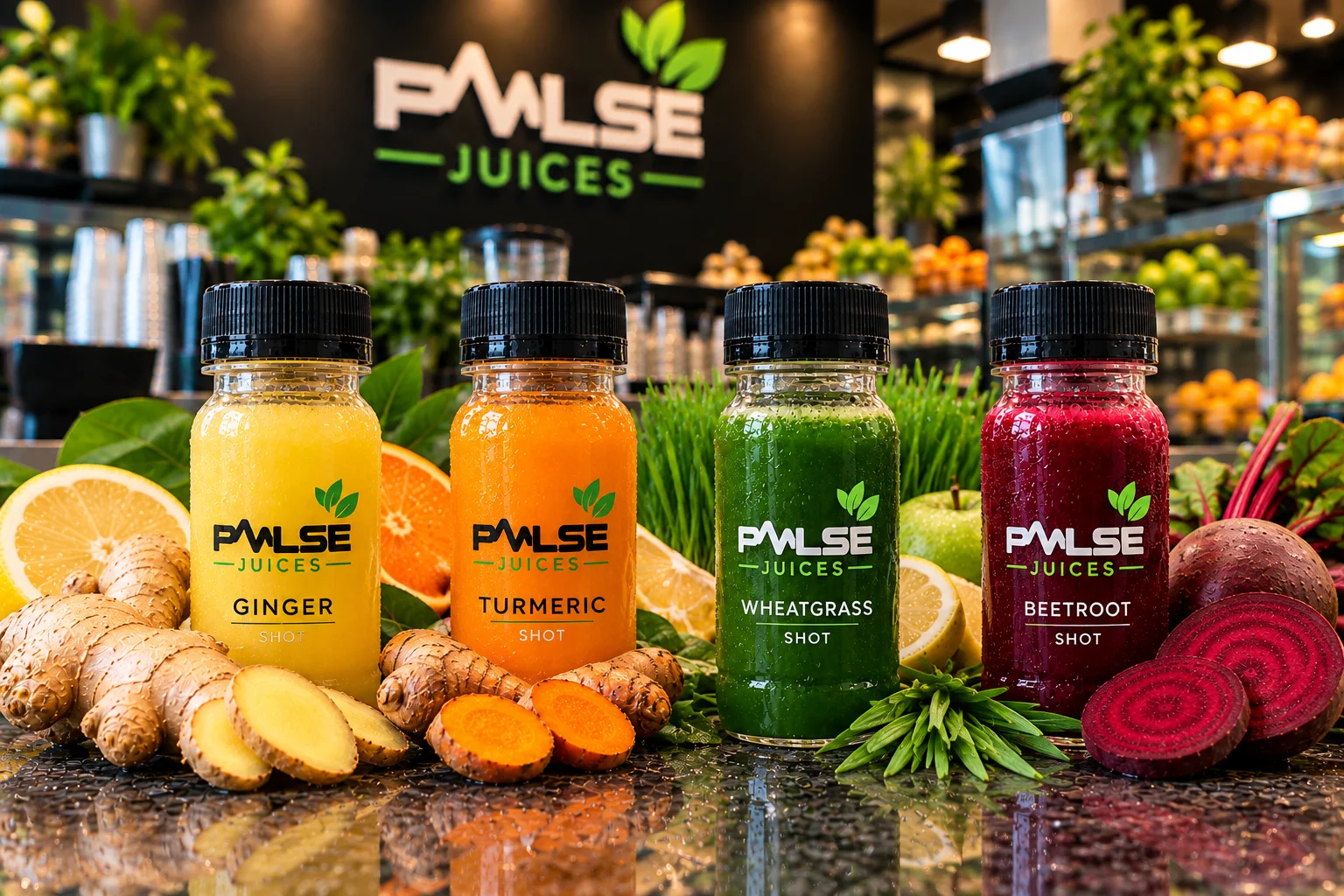 Pulse Juices fresh ginger, turmeric, wheatgrass and beetroot shots
